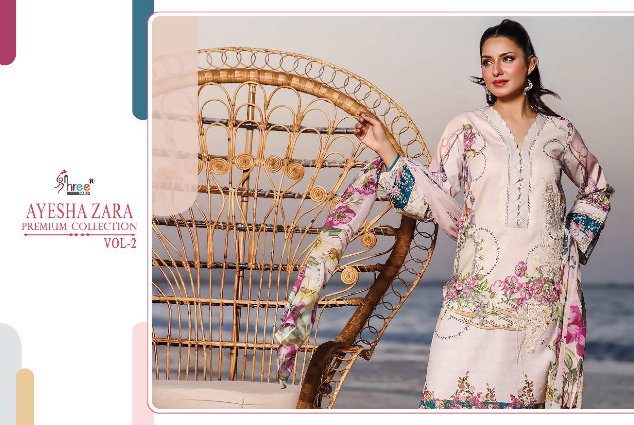 shree fab ayesha zara premium collection vol 2 pure cotton regal look salwar suit with silver siffon dupatta catalog