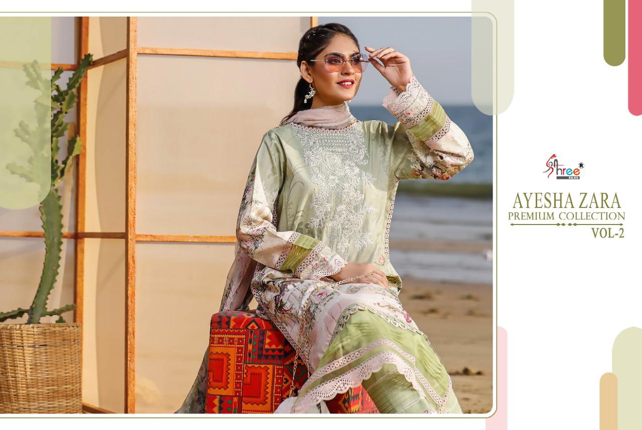 shree fab ayesha zara premium collection vol 2 pure cotton regal look salwar suit with silver siffon dupatta catalog