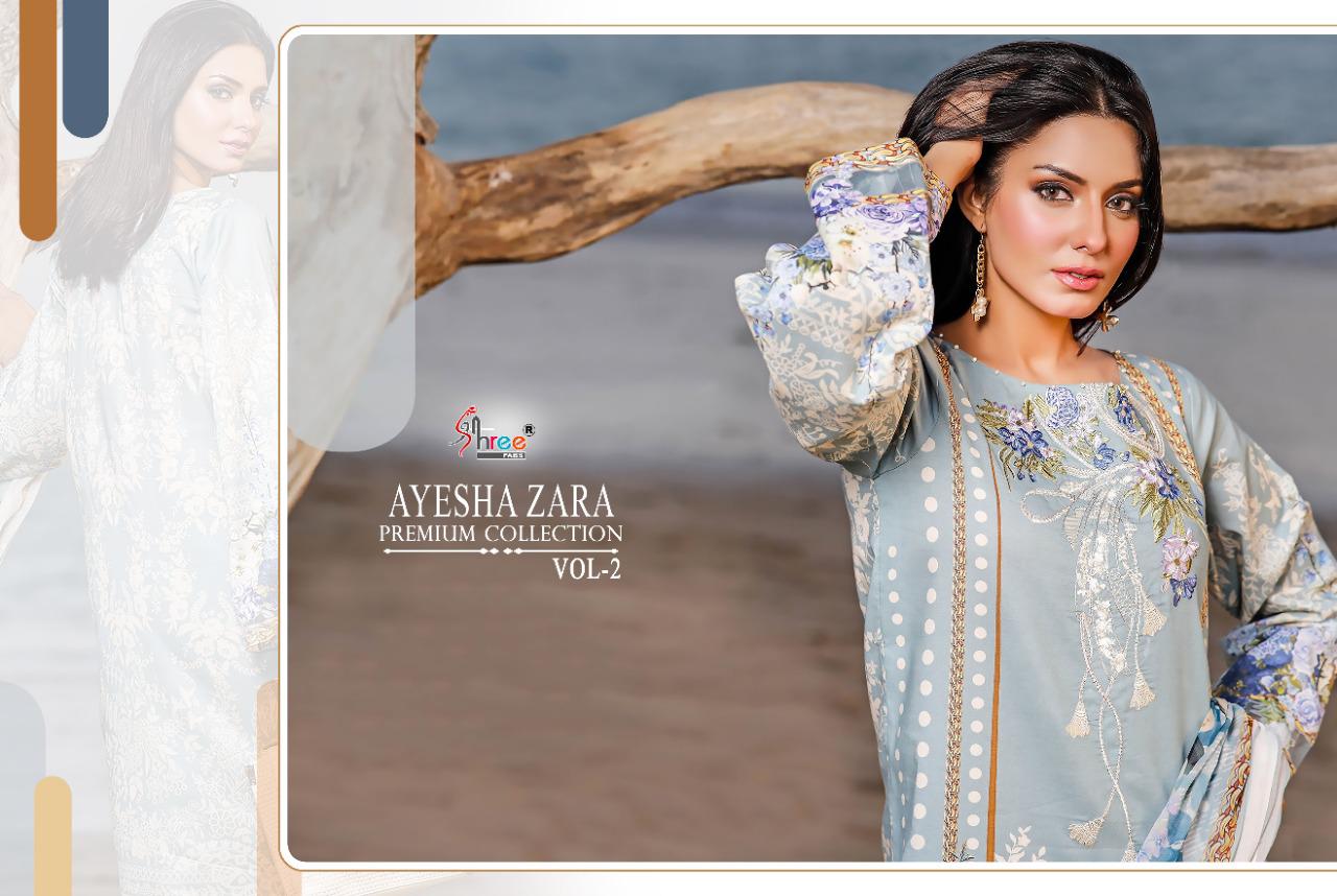 shree fab ayesha zara premium collection vol 2 pure cotton regal look salwar suit with silver siffon dupatta catalog