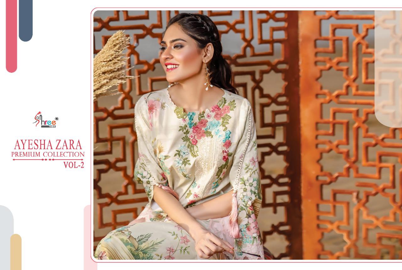 shree fab ayesha zara premium collection vol 2 pure cotton regal look salwar suit with silver siffon dupatta catalog