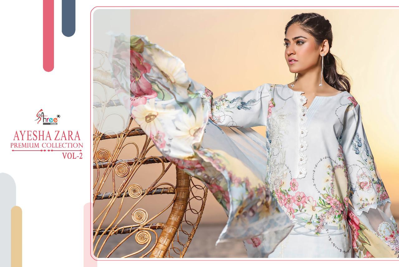 shree fab ayesha zara premium collection vol 2 pure cotton regal look salwar suit with silver siffon dupatta catalog