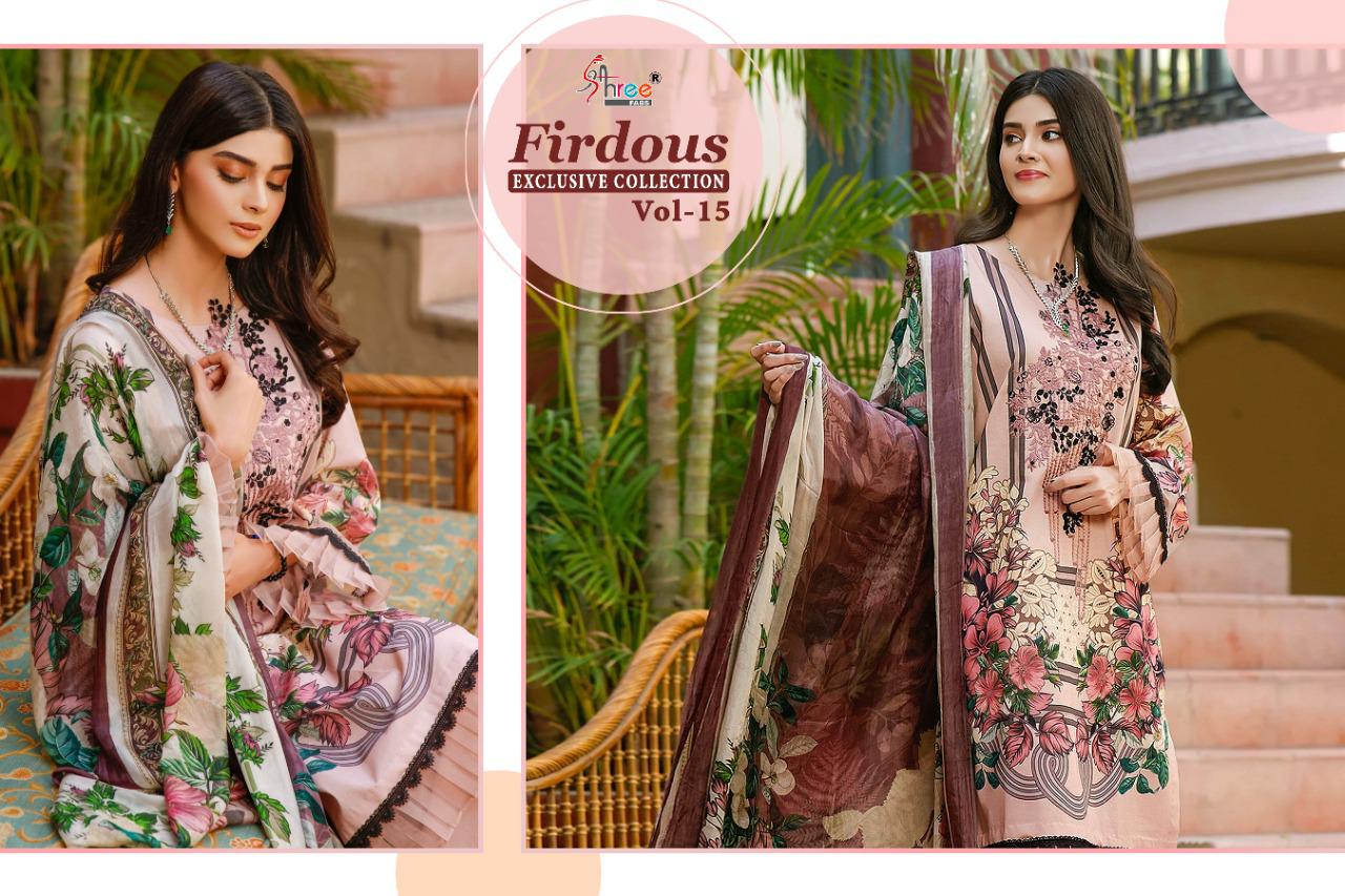 shree fab firdous exclusive collection vol 15 pure lawn attrective look dupatta siffon salwar suit catlog