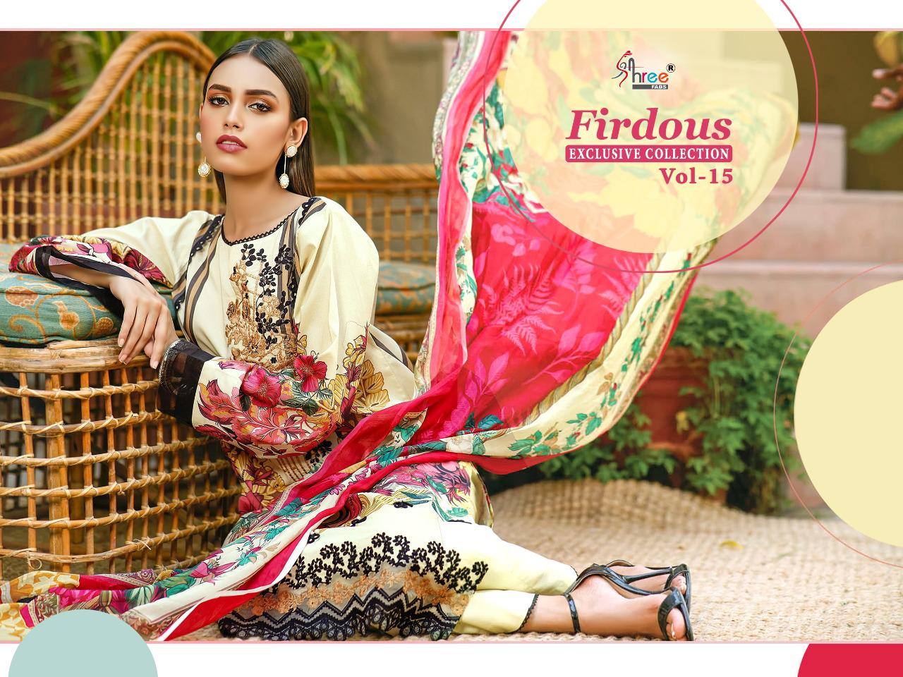 shree fab firdous exclusive collection vol 15 pure lawn attrective look dupatta siffon salwar suit catlog