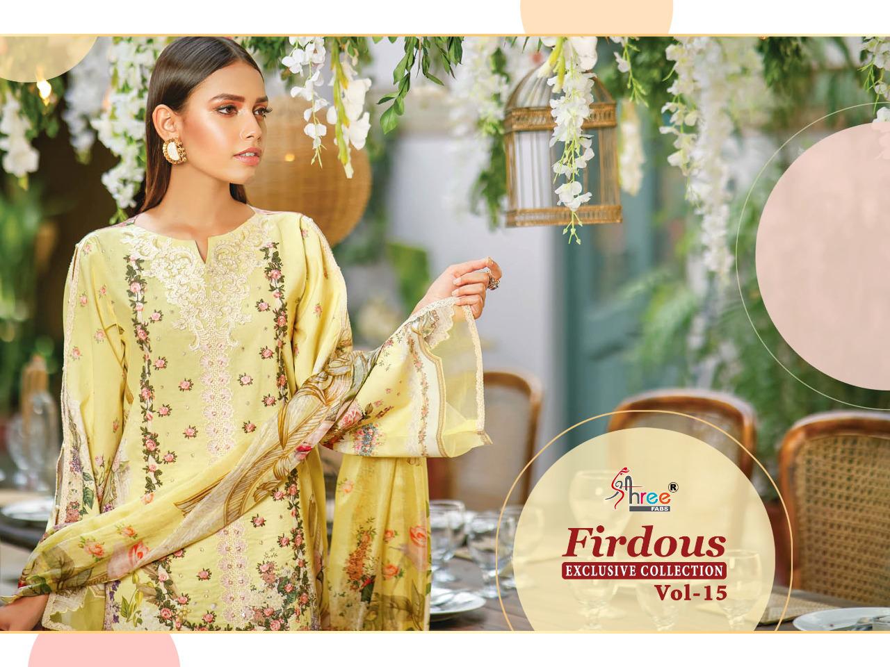 shree fab firdous exclusive collection vol 15 pure lawn attrective look dupatta siffon salwar suit catlog