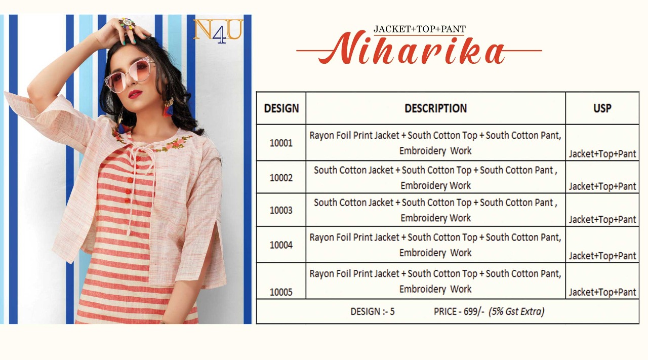 Tunic house niharika cotton  new and modern style top with jacket and pant catalog