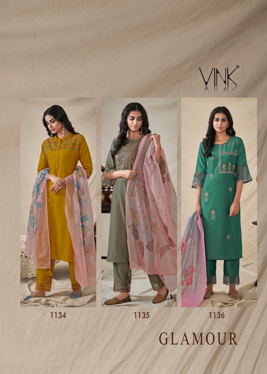 vink glamour silk new and modern style kurti with pant and dupatta catalog