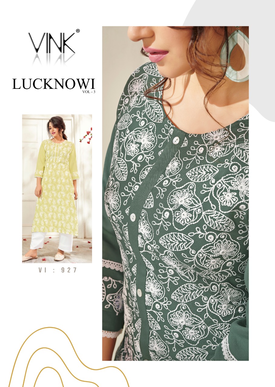 vink lucknowi vol 3 rayon attractive lucknowi work kurta with pant