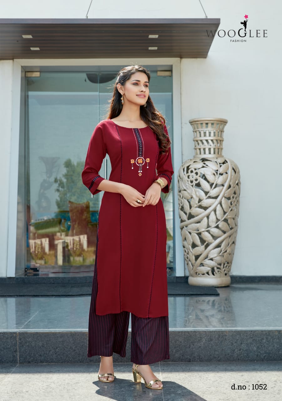 wooglee celebration vol 8 rayon classic trendy look kurti with plazzo catalog