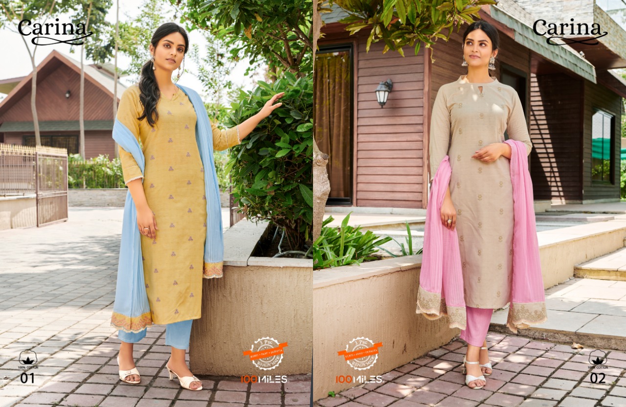 100 miiles carina cotton exclusive look kurti with pant dupatta catalog