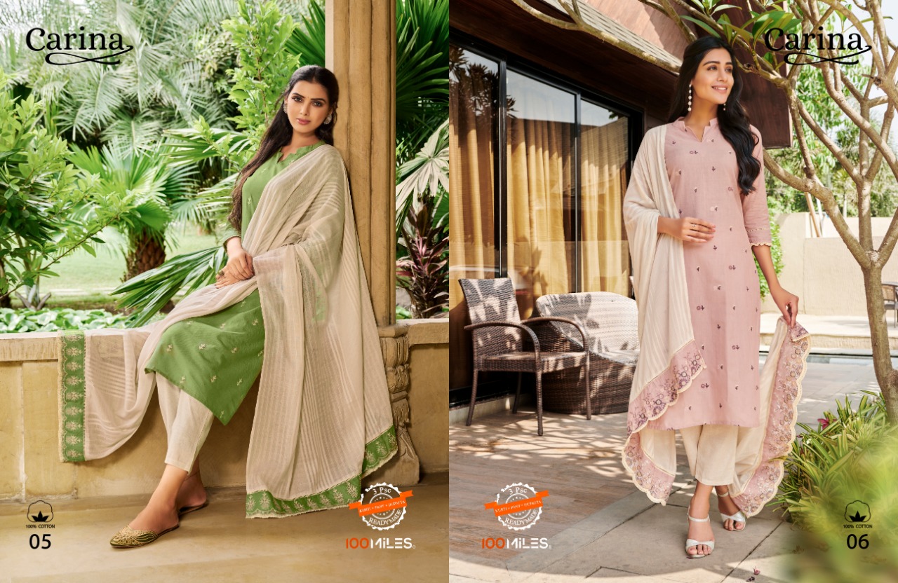 100 miiles carina cotton exclusive look kurti with pant dupatta catalog