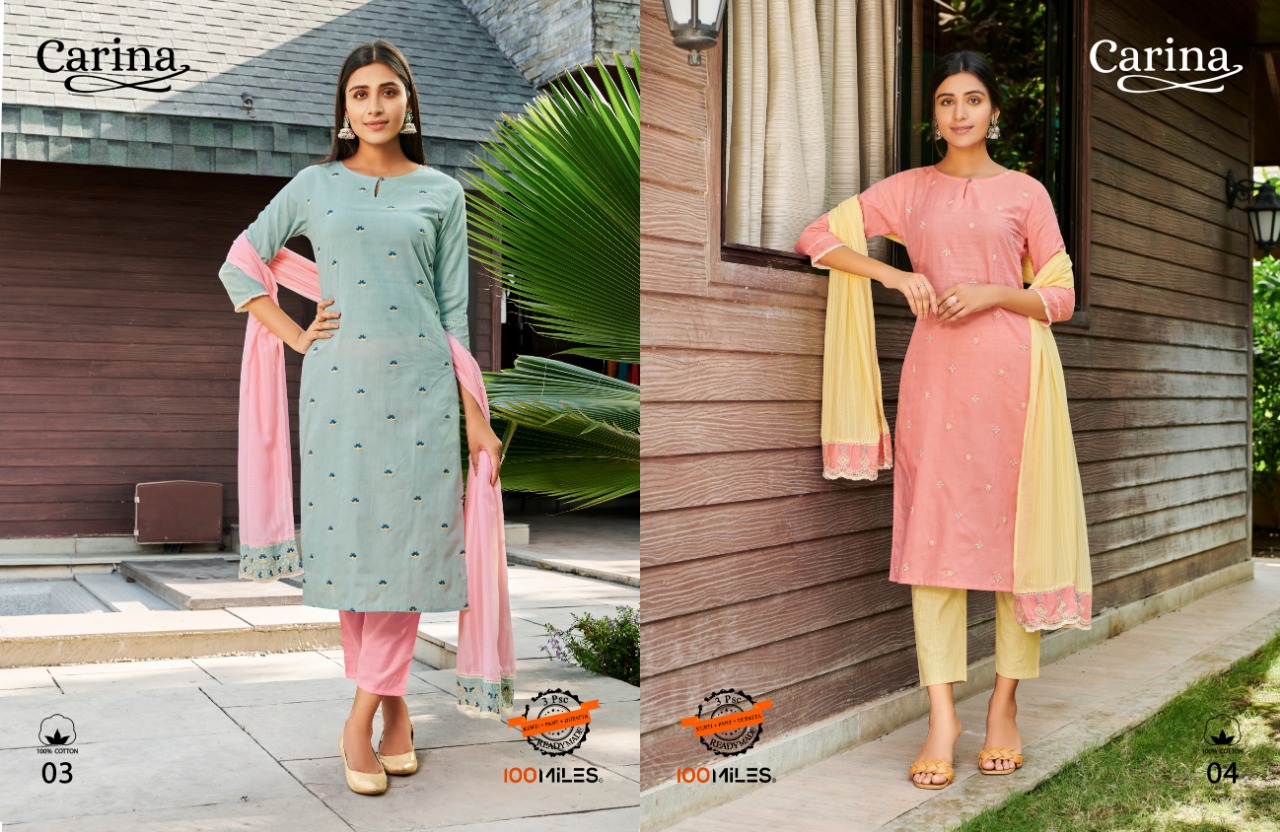 100 miiles carina cotton exclusive look kurti with pant dupatta catalog