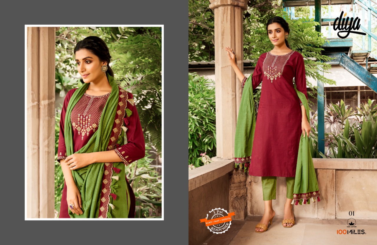 100 miiles diya cotton exclusive look kurti with pant dupatta catalog