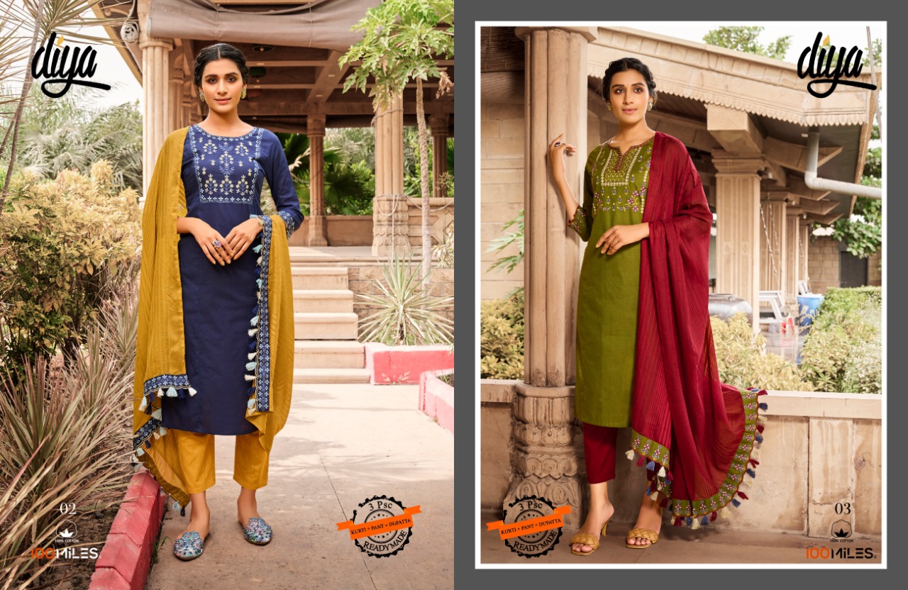 100 miiles diya cotton exclusive look kurti with pant dupatta catalog