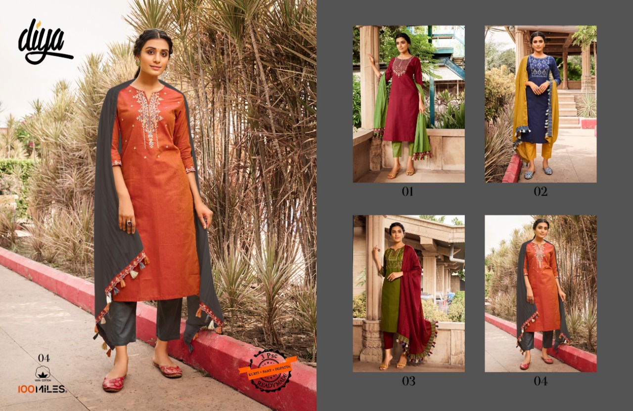 100 miiles diya cotton exclusive look kurti with pant dupatta catalog