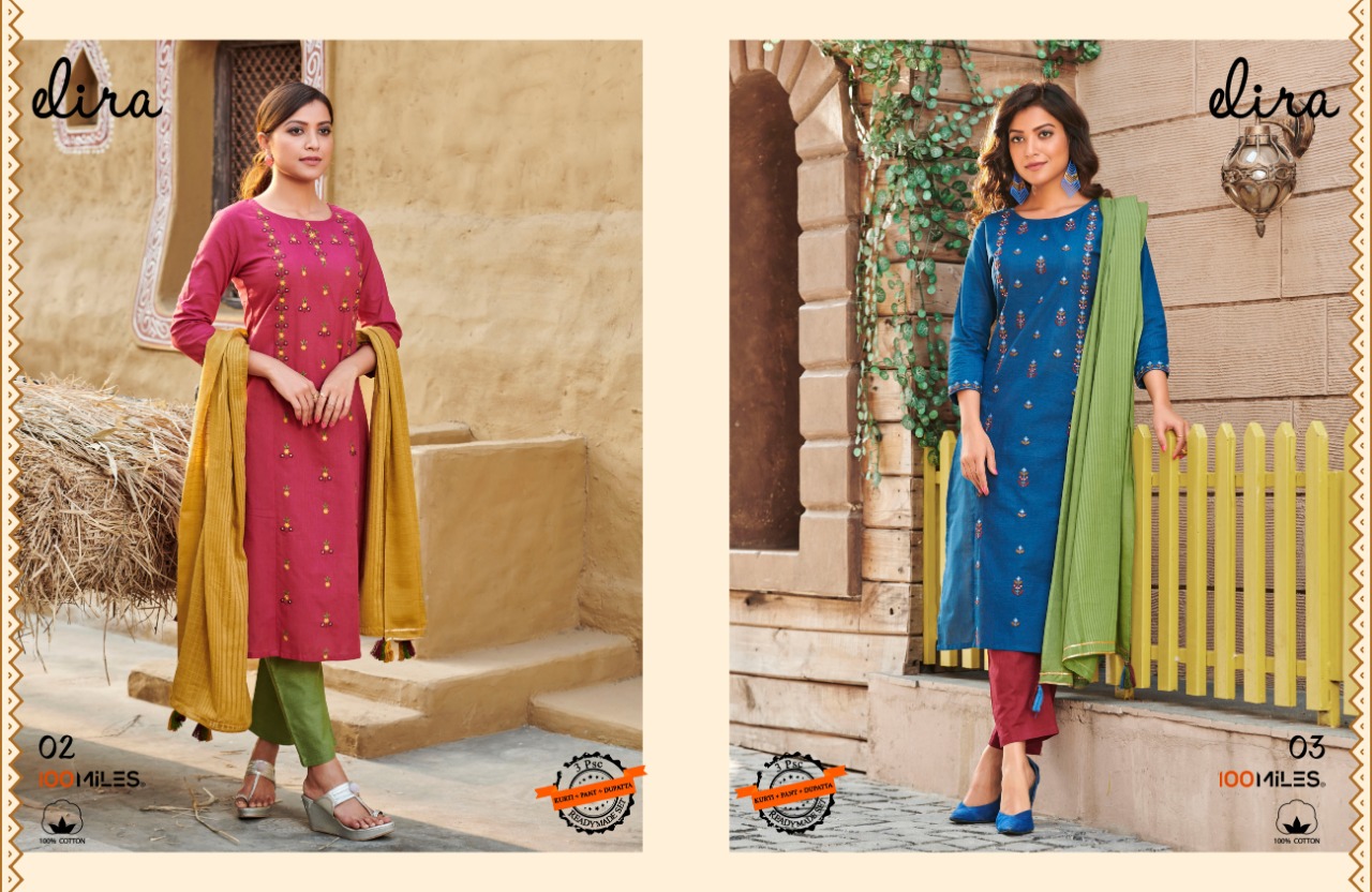 100 miiles elira cotton attrective colours kurti with pant and dupatta catalog