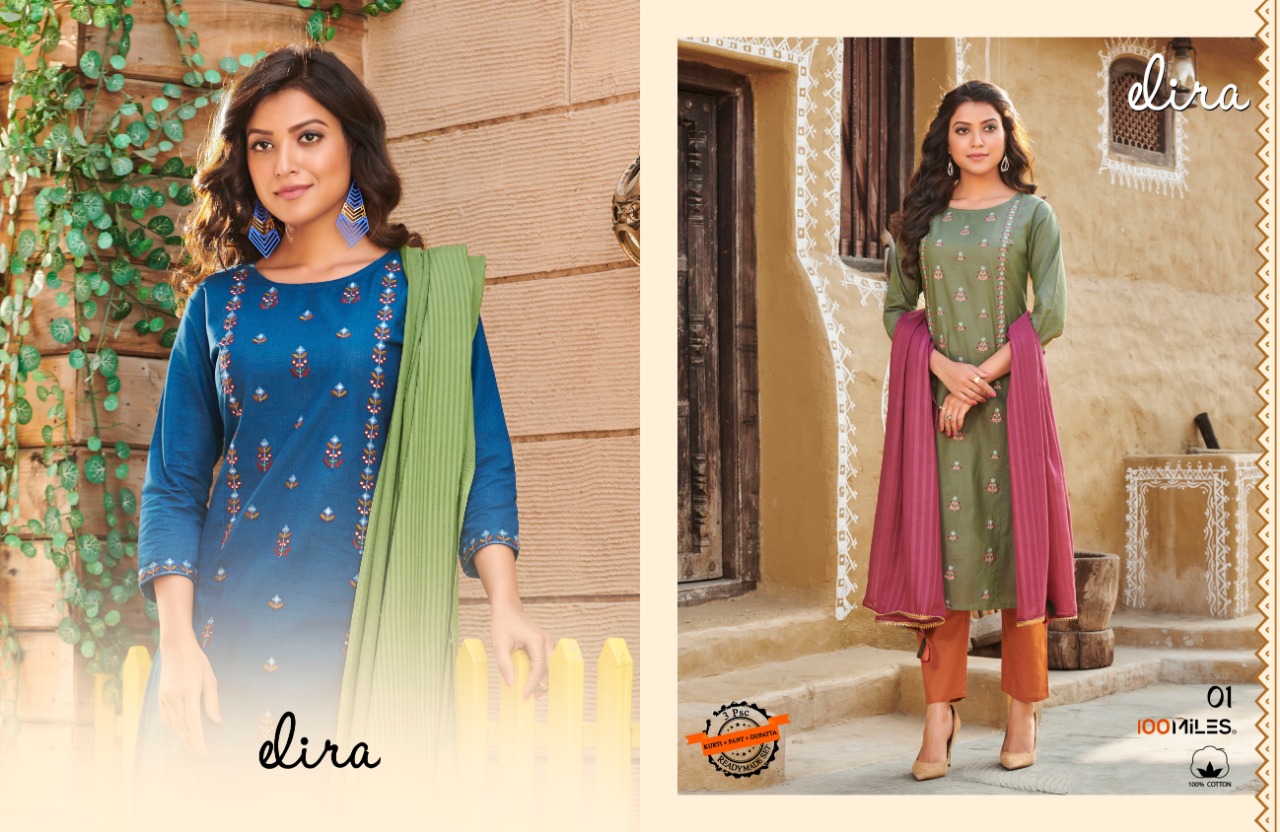 100 miiles elira cotton attrective colours kurti with pant and dupatta catalog