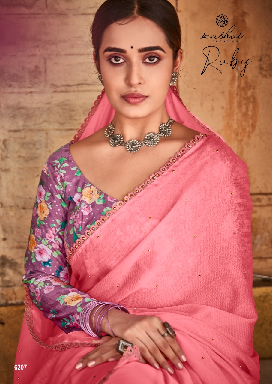 lt kashvi creation ruby Moss shiffon elegant print saree catalog