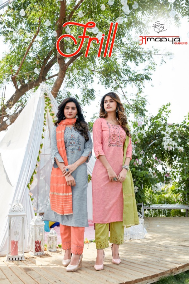 amaaya garments frill cotton decent embroidary look kurti with bottom and dupatta catalog