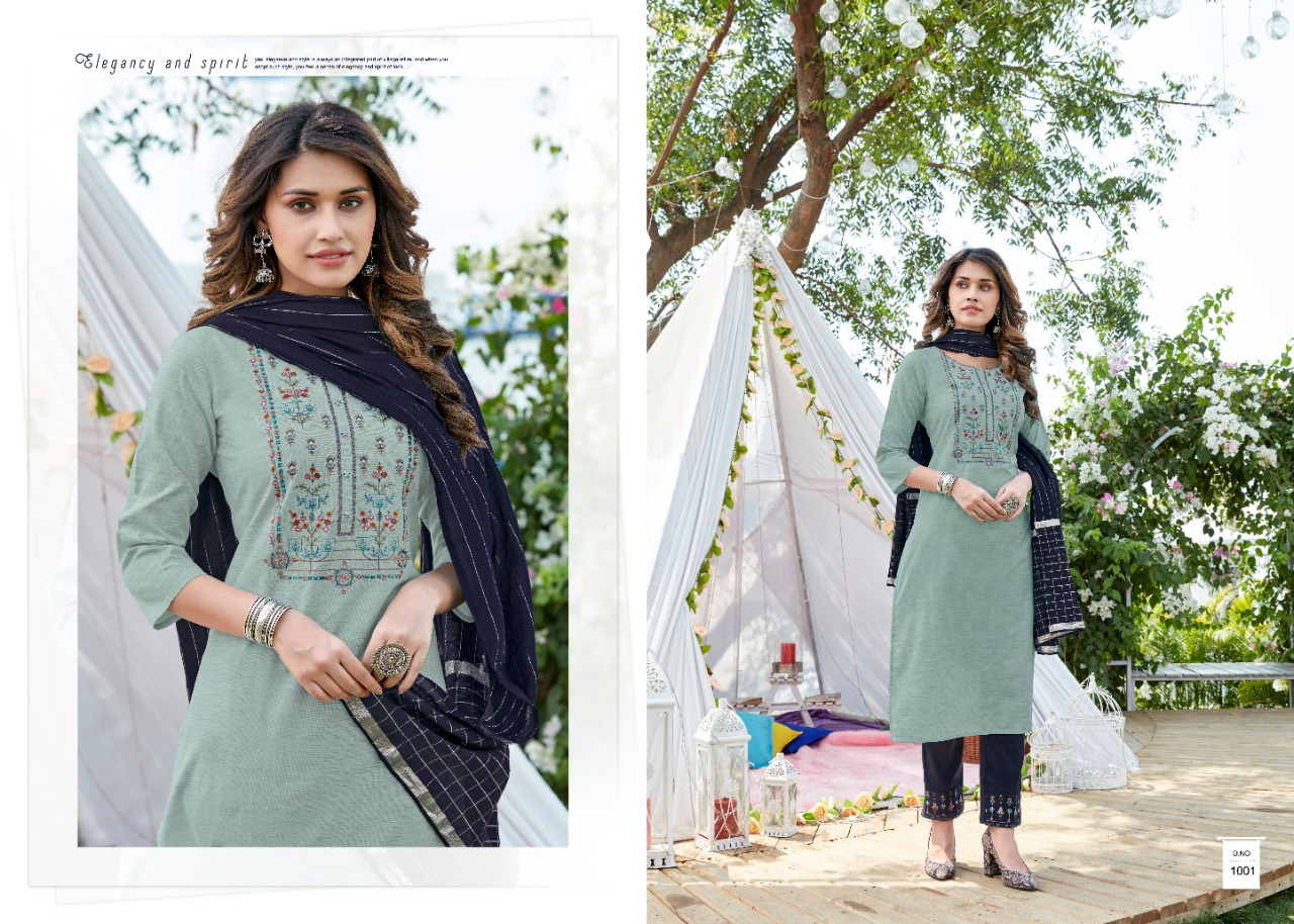 amaaya garments frill cotton decent embroidary look kurti with bottom and dupatta catalog