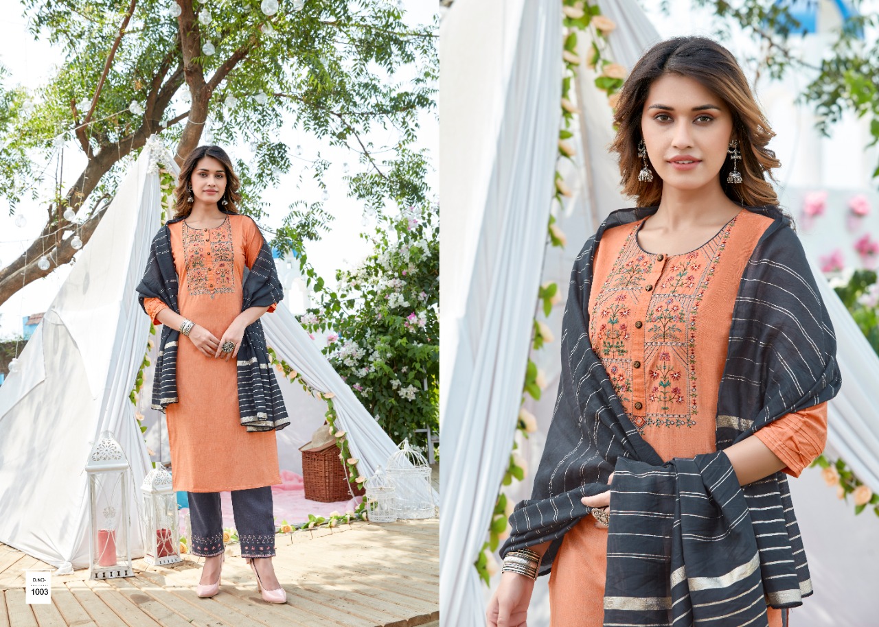 amaaya garments frill cotton decent embroidary look kurti with bottom and dupatta catalog