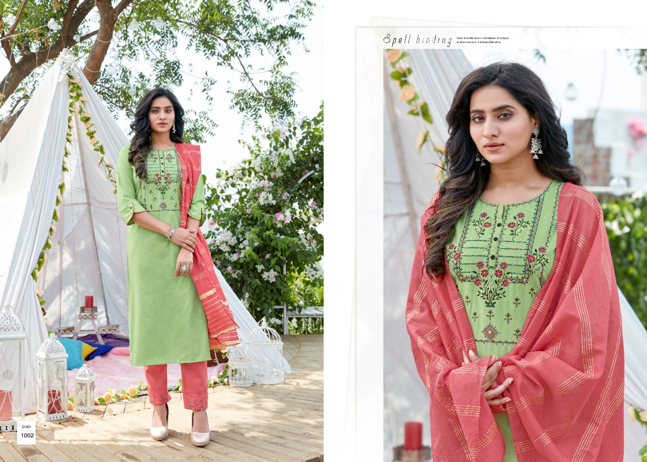 amaaya garments frill cotton decent embroidary look kurti with bottom and dupatta catalog