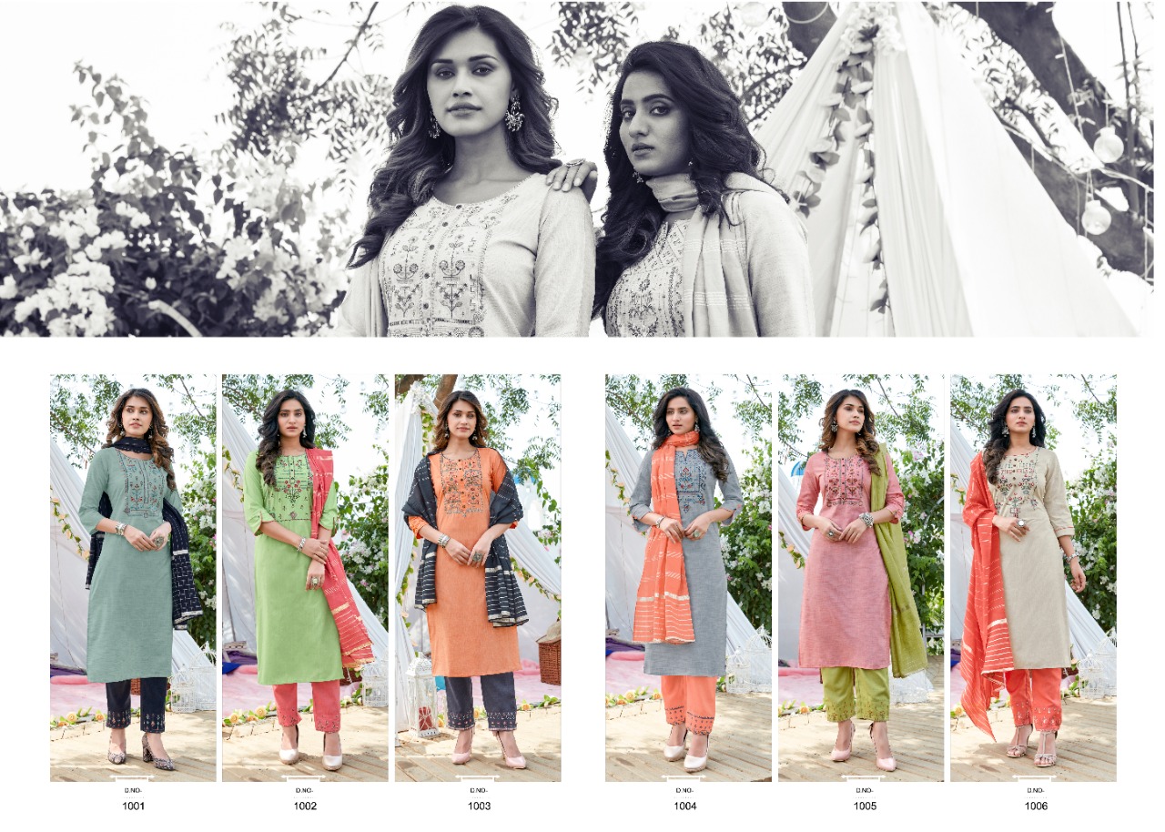 amaaya garments frill cotton decent embroidary look kurti with bottom and dupatta catalog