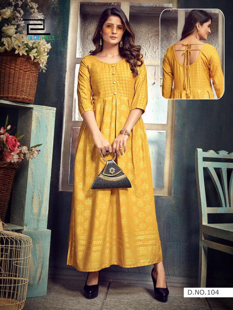 blue hills show off rayon astonishing long kurti catalog