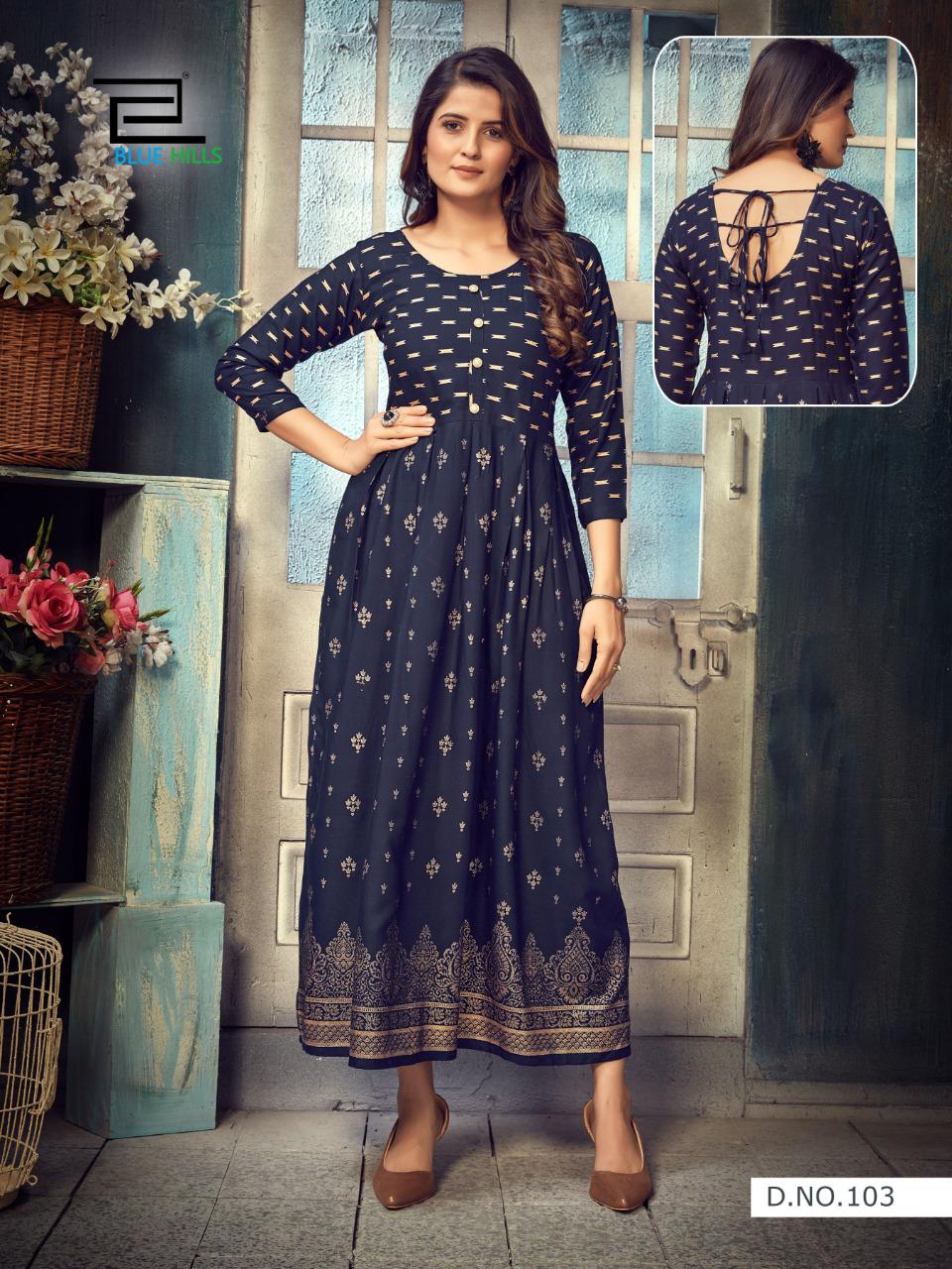 blue hills show off rayon astonishing long kurti catalog