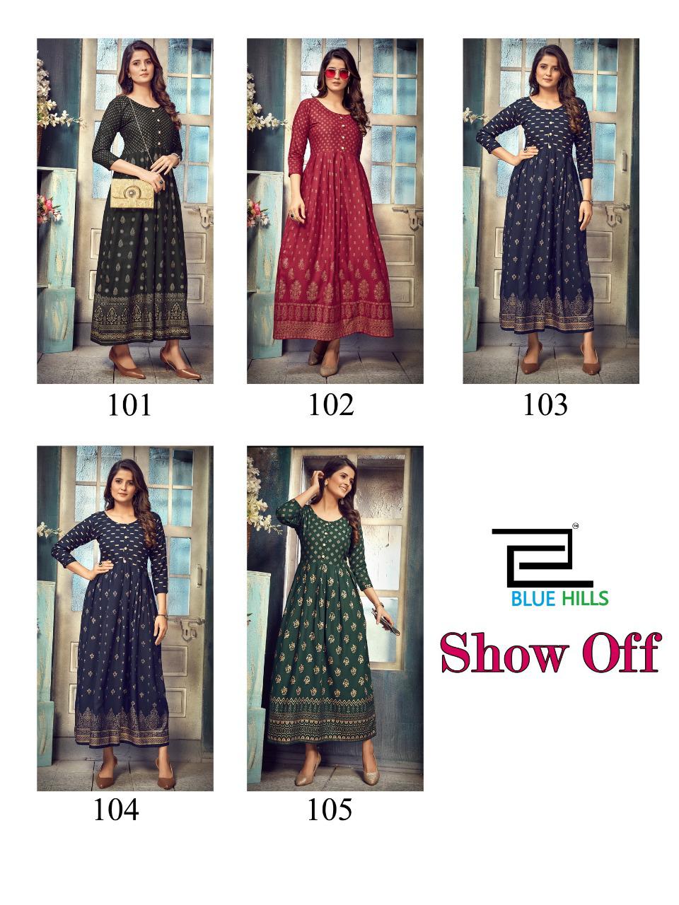 blue hills show off rayon astonishing long kurti catalog