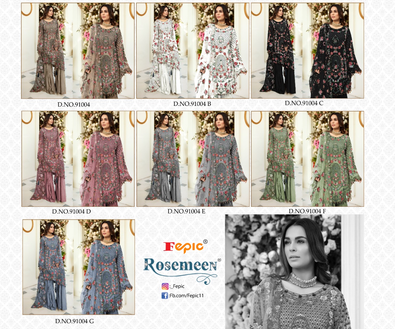 fepic rosemeen d 91004 net heavy embroidered astonishing look salwar suit colour set