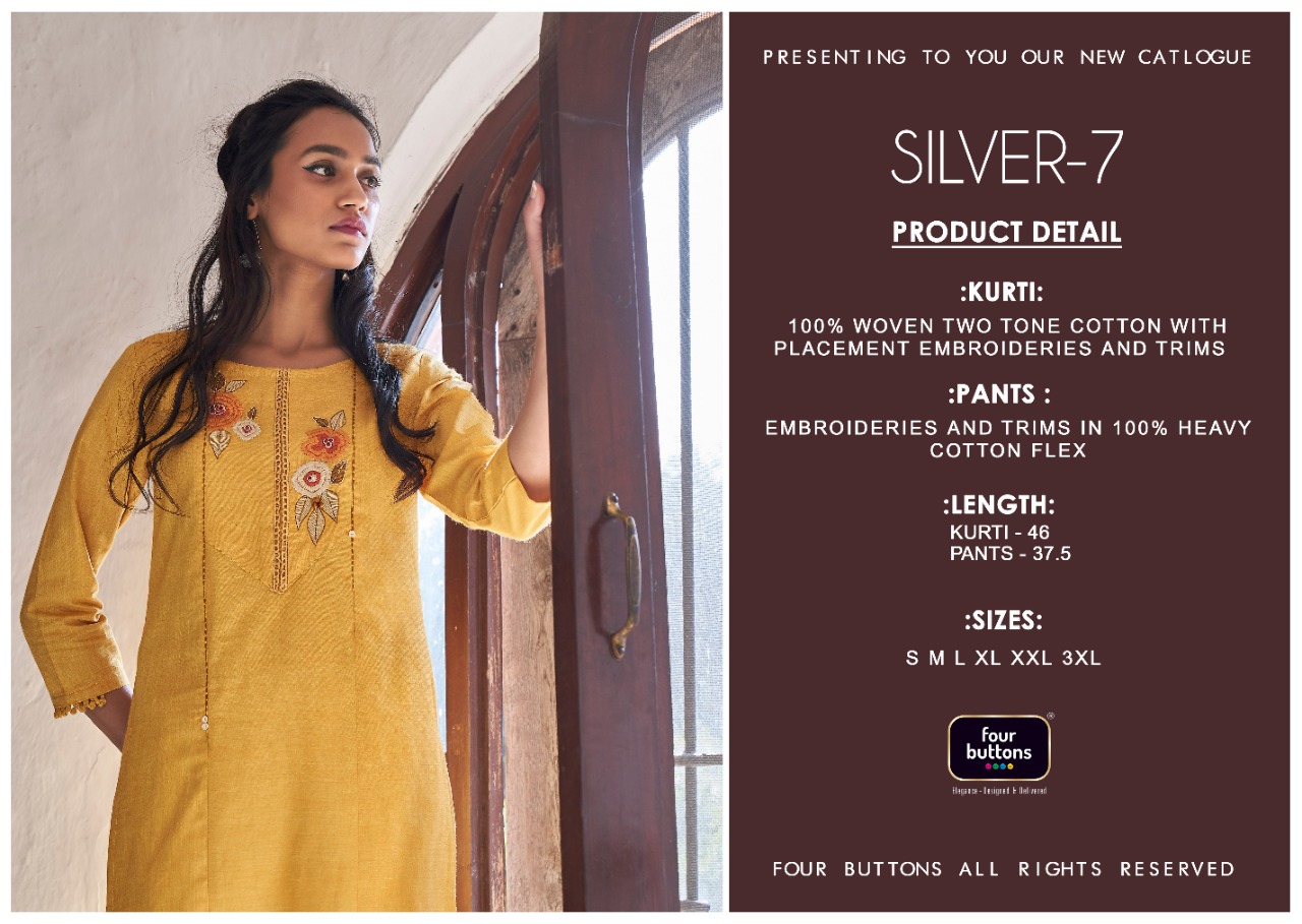 four buttons silver 7 cotton authentic fabric kurti with pant and dupatta catalog