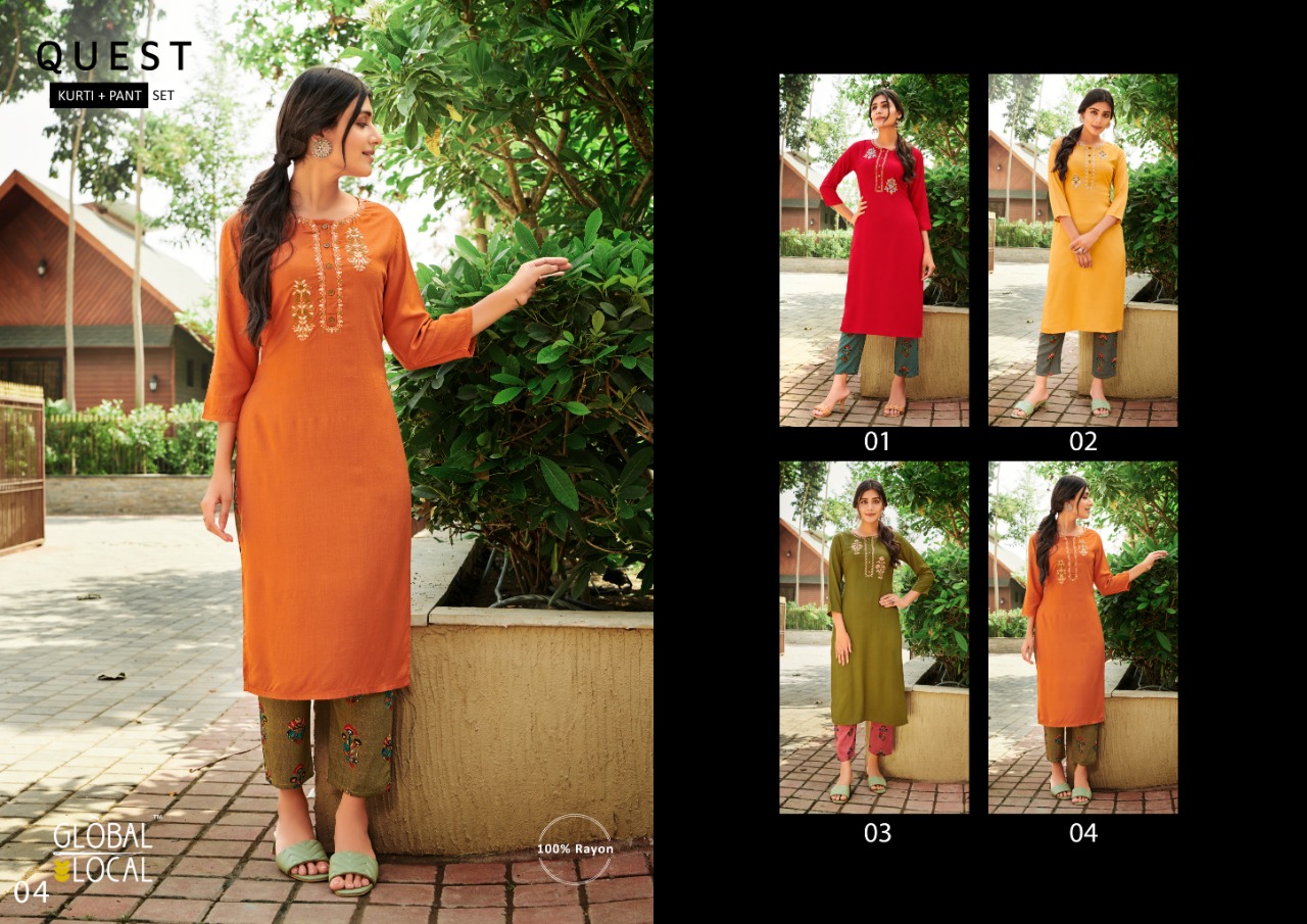 global local quest rayon graceful look Kurti with pant catalog