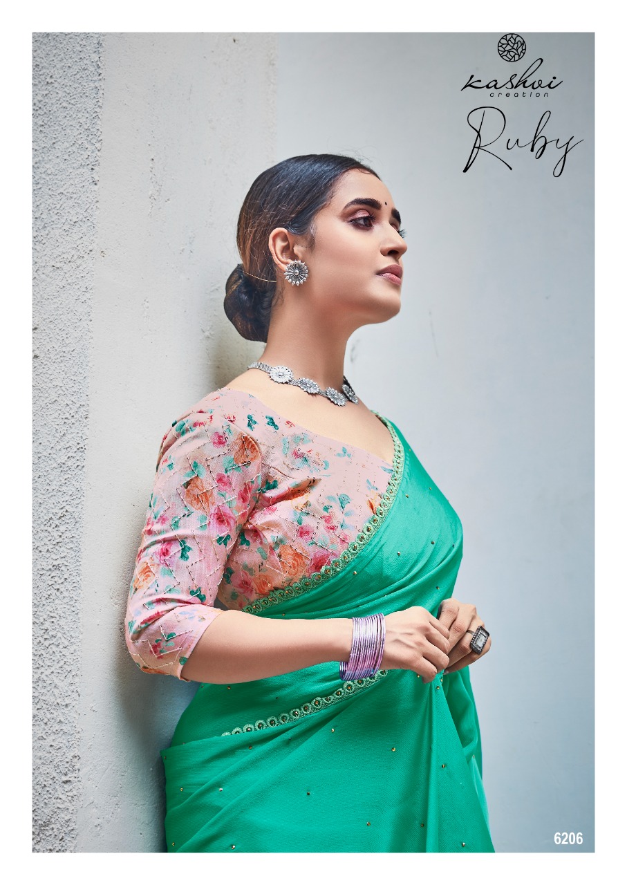 lt kashvi creation ruby Moss shiffon elegant print saree catalog