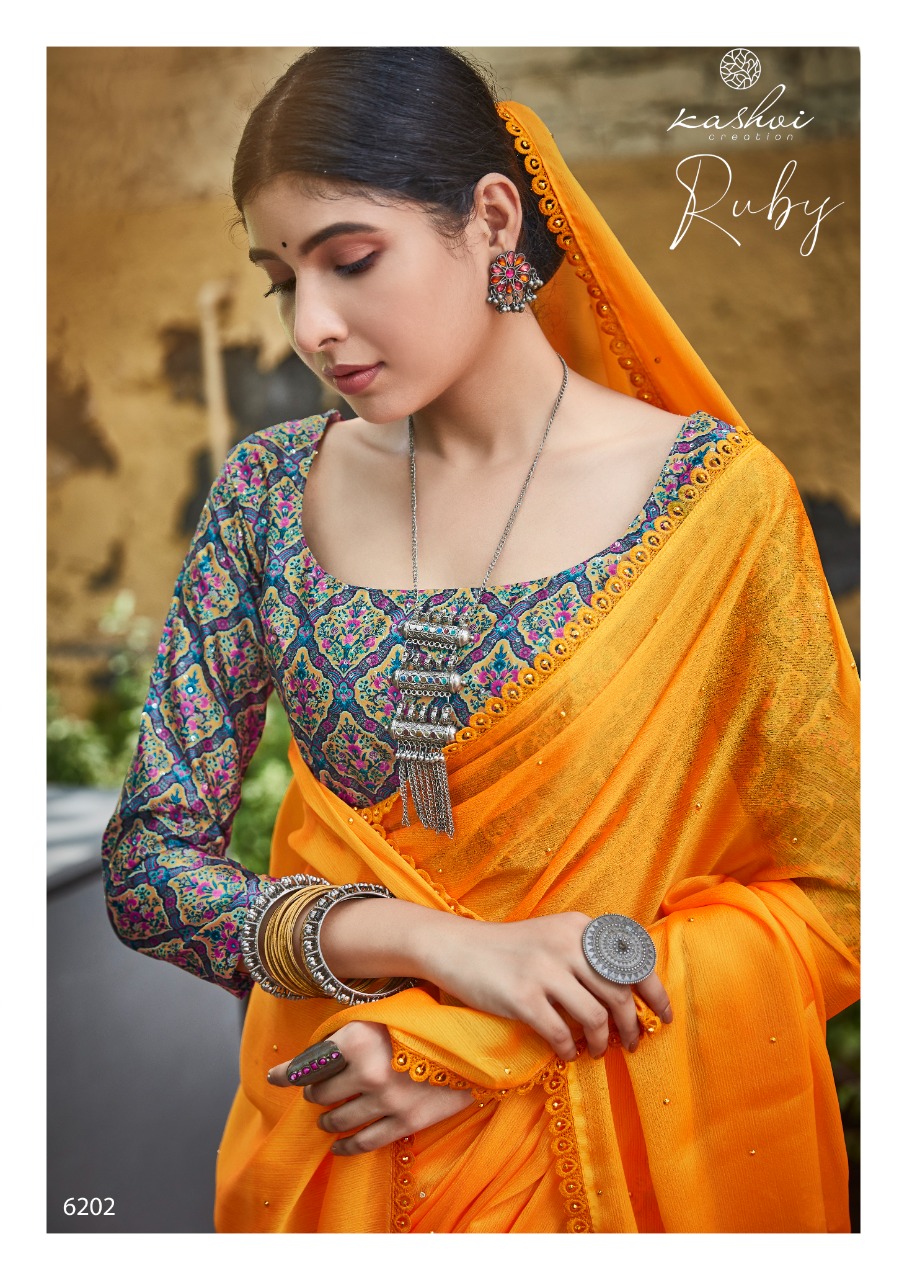 lt kashvi creation ruby Moss shiffon elegant print saree catalog