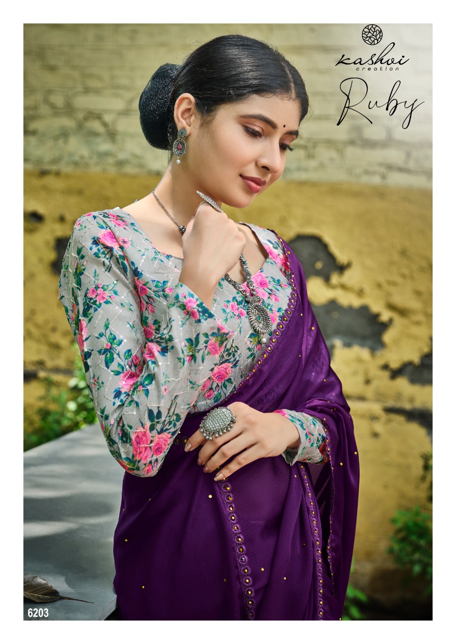 lt kashvi creation ruby Moss shiffon elegant print saree catalog