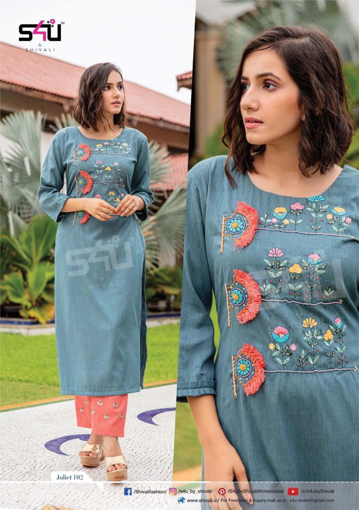 s4u juliet rayon gorgeous look kurti with pant catalog