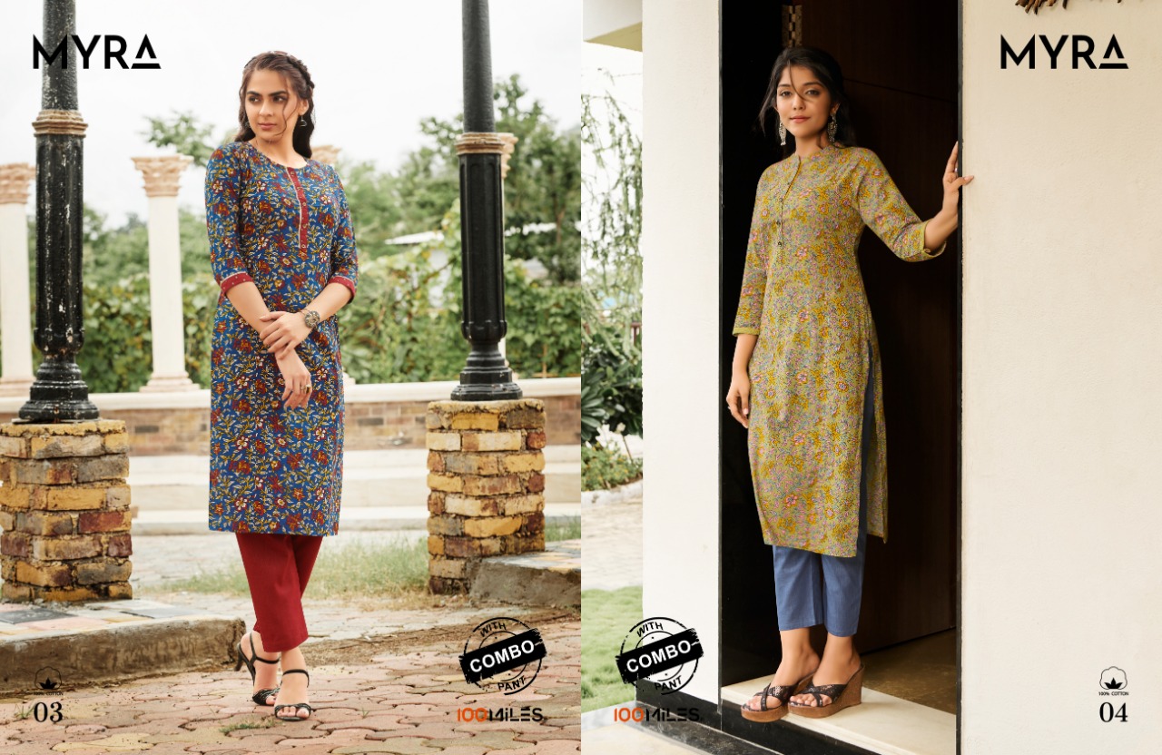 100 miiles myra cotton elegant look kurti with pant catalog