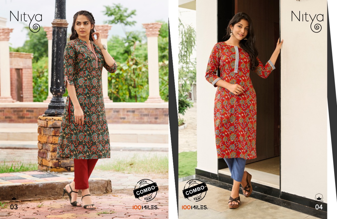 100 miiles nitya cotton decent print and colour kurti with pant catalog