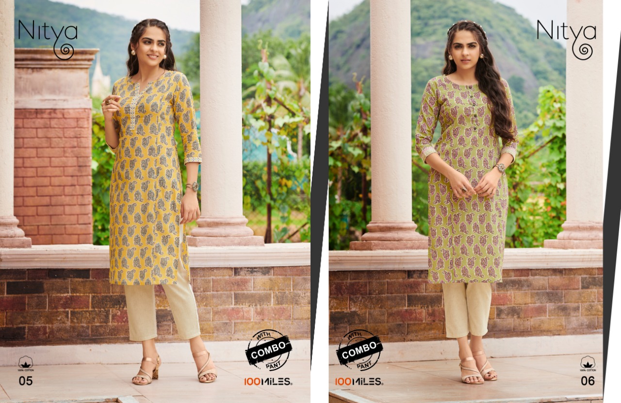 100 miiles nitya cotton decent print and colour kurti with pant catalog