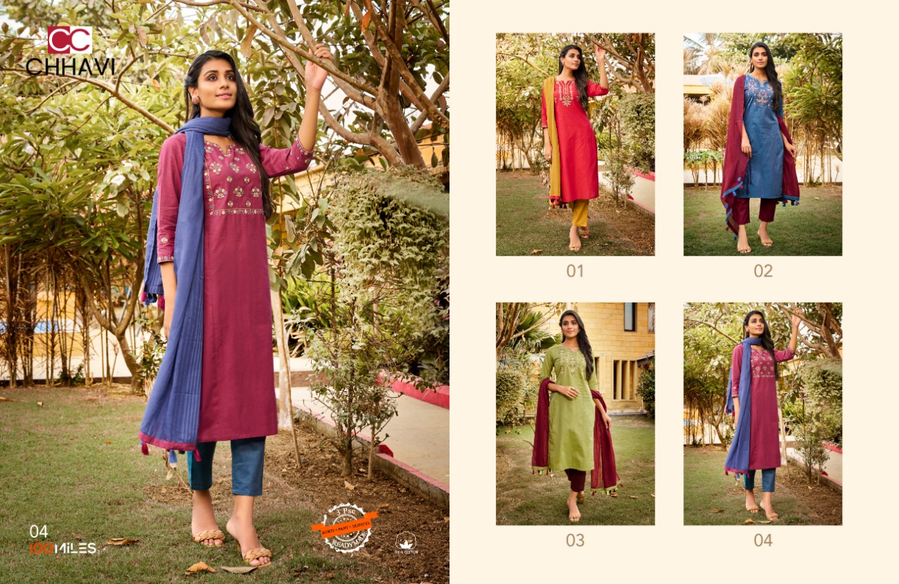 100 miles chhavi cotton authentic kurti with pant and dupatta catalog