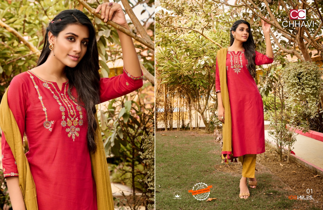 100 miles chhavi cotton authentic kurti with pant and dupatta catalog