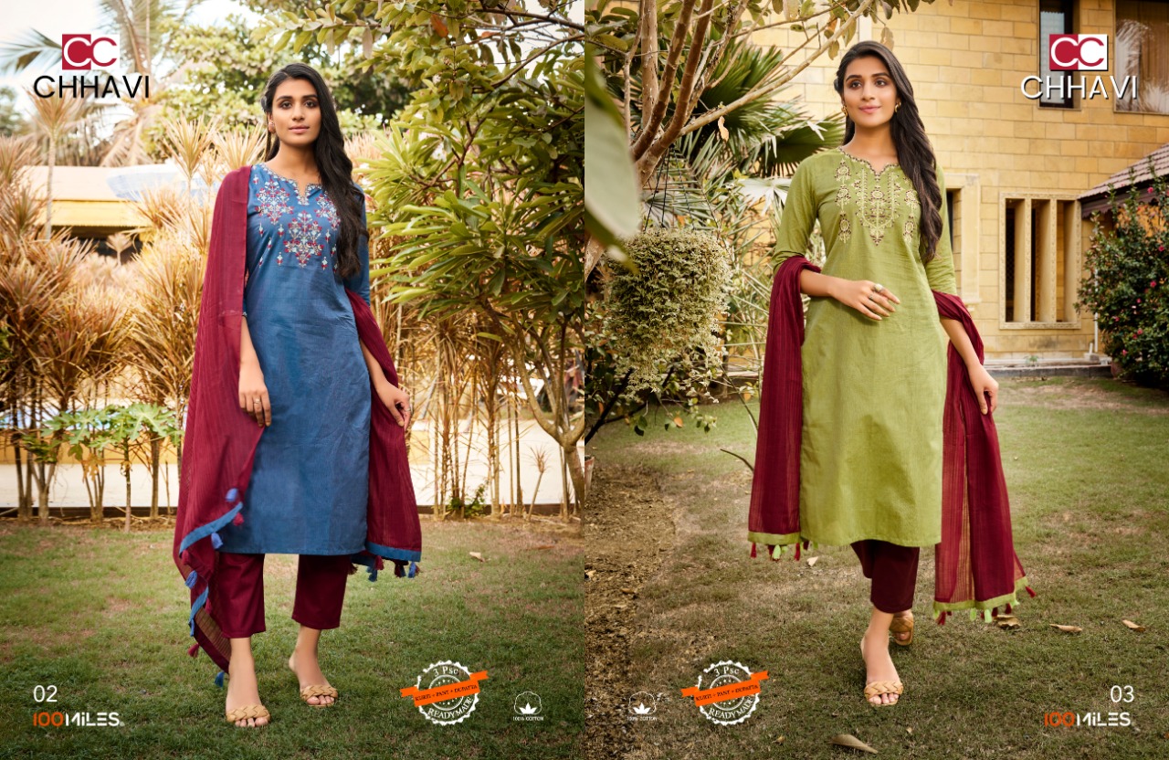 100 miles chhavi cotton authentic kurti with pant and dupatta catalog