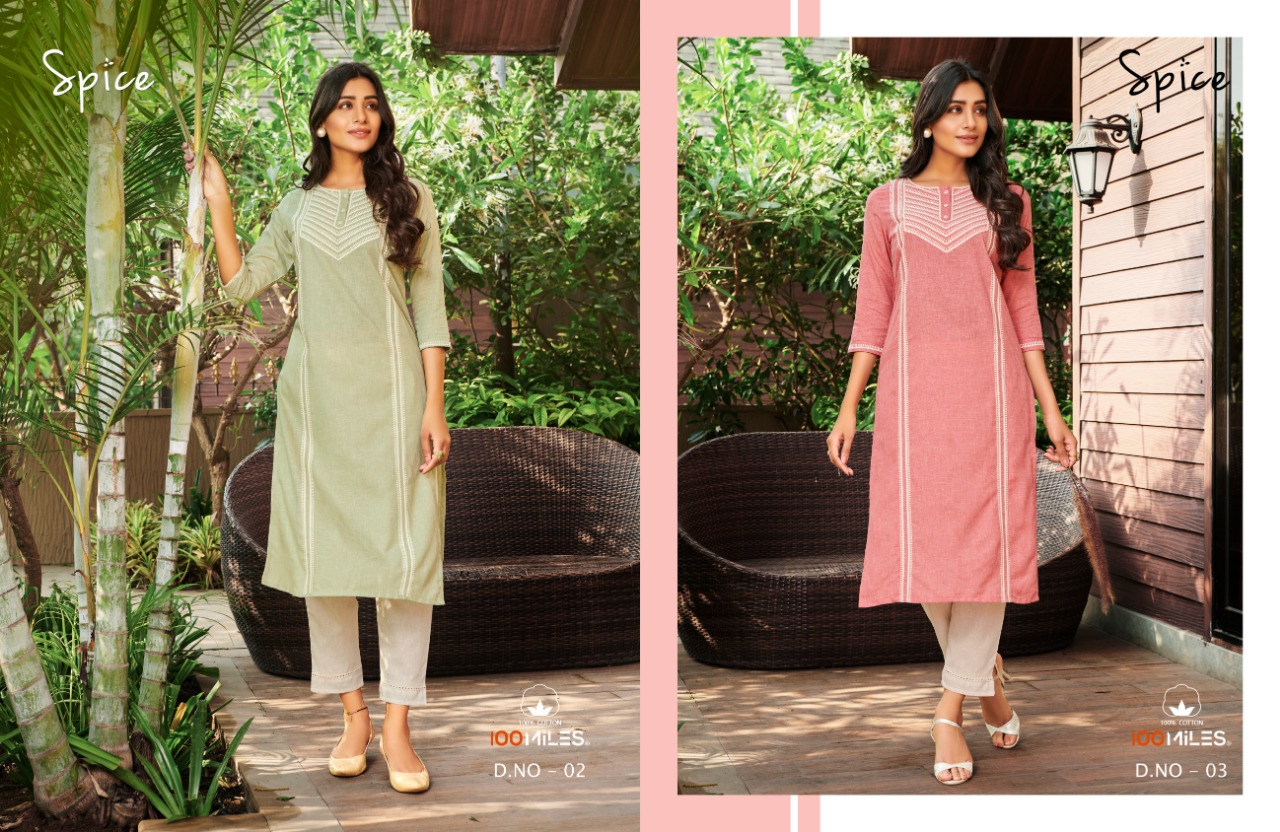 100 miles spice cotton graceful look kurti catalog