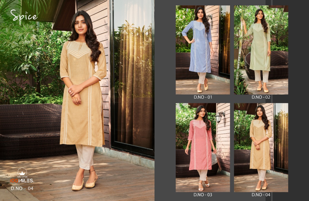 100 miles spice cotton graceful look kurti catalog