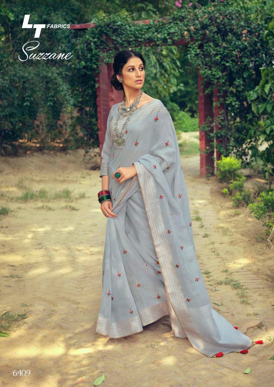 lt kashvi creation suzzane linen beautiful print saree catalog