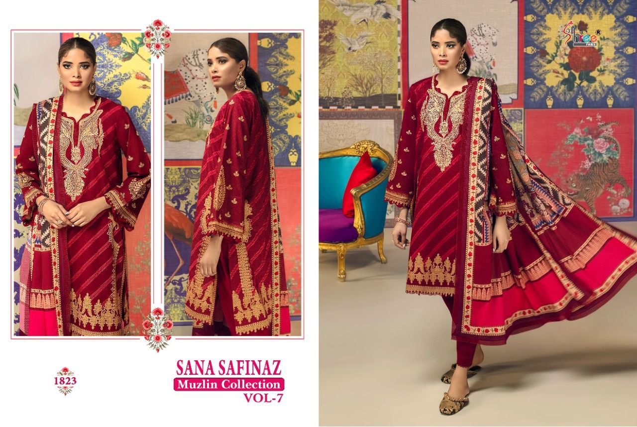 shree fab sana safinaz muzlin collection vol 7 cotton salwar suit with shiffon dupatta catalog