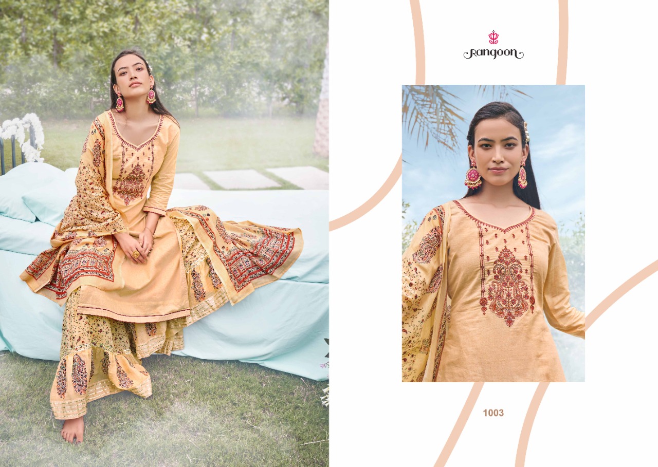 rangoon rashiya cotton exclusive print top  with sharara and dupatta catalog