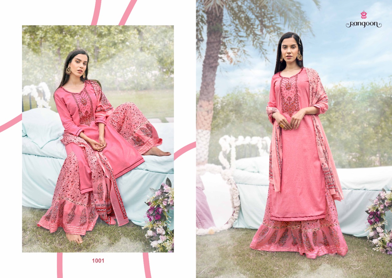 rangoon rashiya cotton exclusive print top  with sharara and dupatta catalog