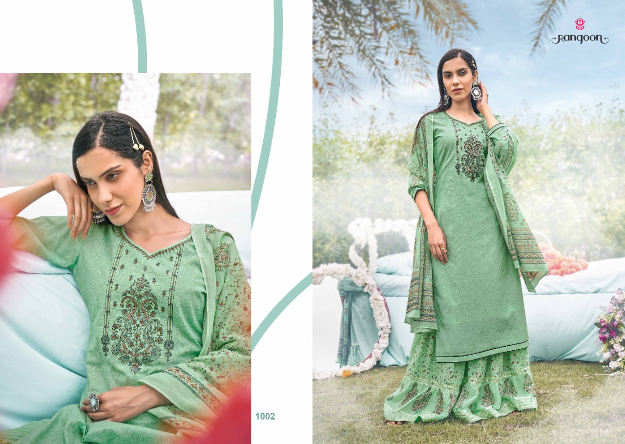 rangoon rashiya cotton exclusive print top  with sharara and dupatta catalog