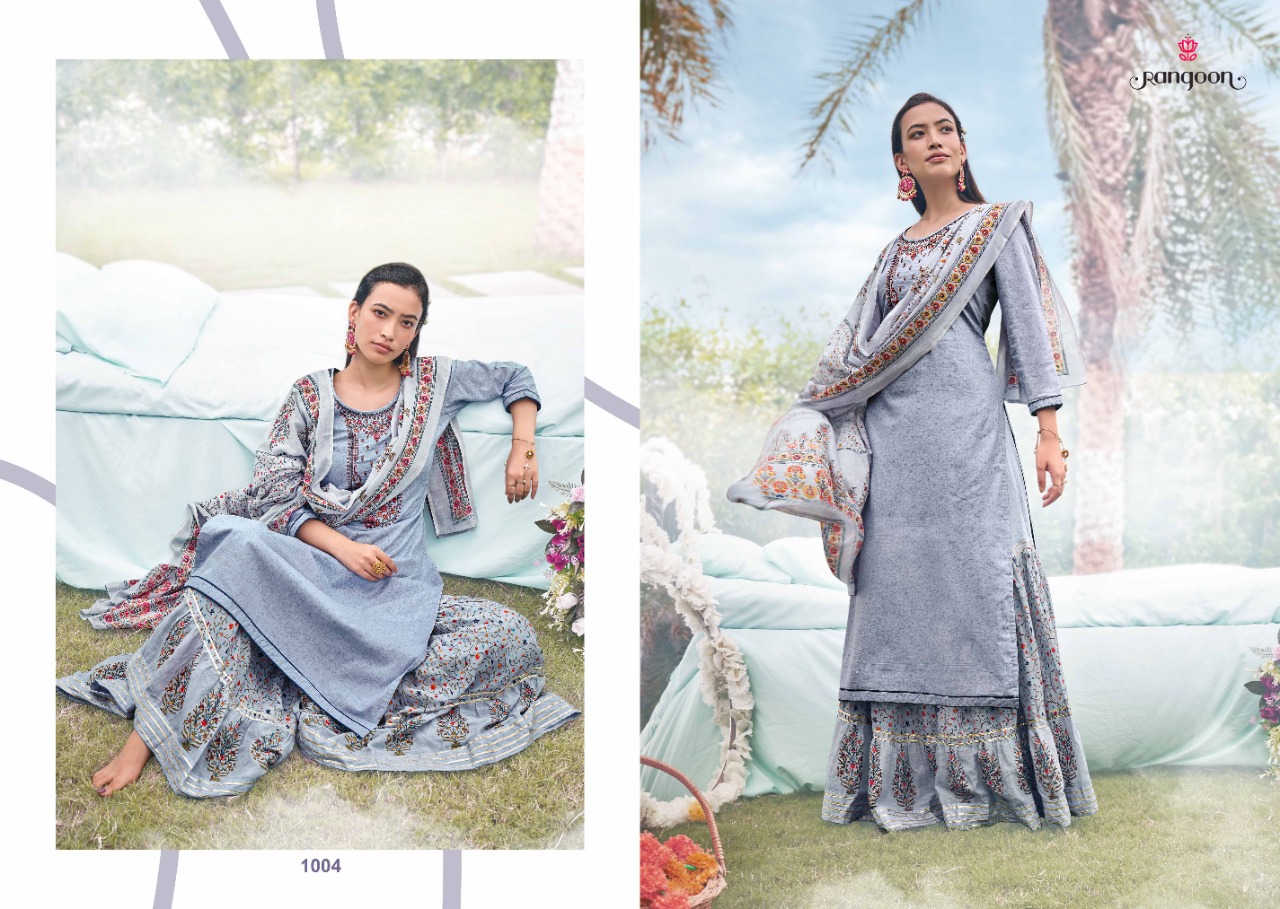 rangoon rashiya cotton exclusive print top  with sharara and dupatta catalog